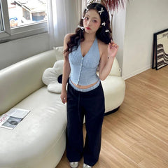 OKLULU  -  Fashion Trend Two Piece Set Retro Lattice Slim Halter Camis Tank Tops Casual Loose Pants High Street  Commute Y2K Set