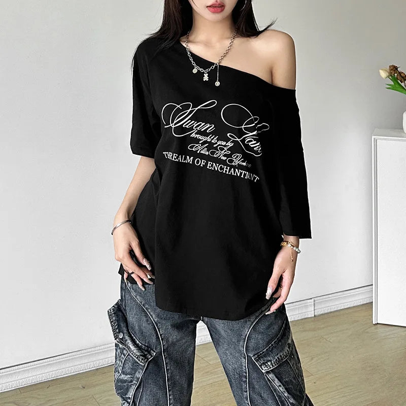 REALMEFIT  -  Letter Print Graphic T Shirts White Oversized One Shoulder Tops Womens Summer Fashion Clothing Trends