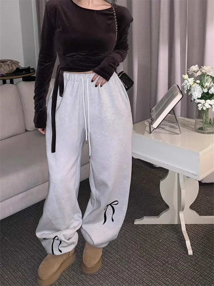 Realmefit  Korean Fashion Fleece Sweatpants Women Y2K Bow Print Brushed Pants Oversized Winter Fairycore Wide Leg Joggers Pants