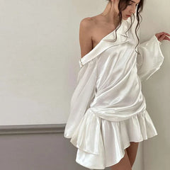 REALMEFIT  -  Sexy Backless One Shoulder Long Sleeve Mini Dress Asymmetrical Satin White Dresses 2024 Women Autumn C83-EZ27