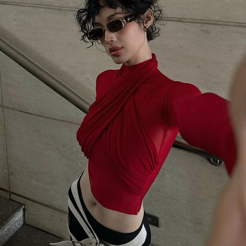 REALMEFIT  -  See Through Mesh Sexy Crop Tops Red Black Long Sleeve Tight Shirt Women Street Fashion Blouses P95-BF14