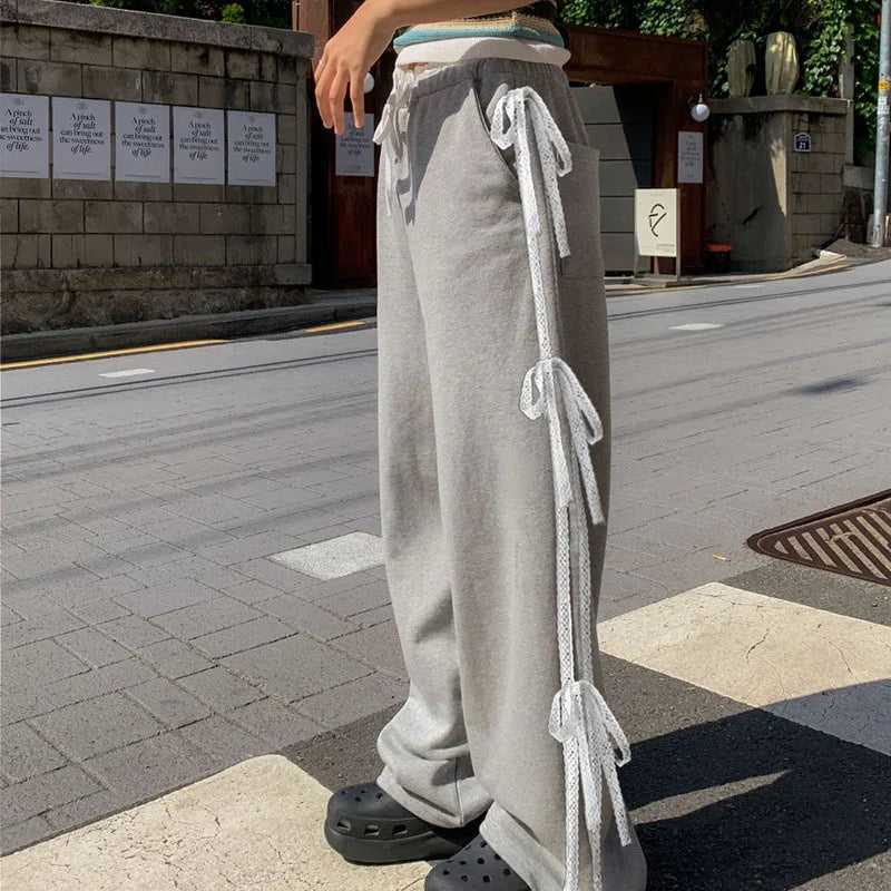 REALMEFIT  -  Side Stripe Lace Bow Sweatpants Gray Drawstring Wide Leg Pants Fashion Casual Loose Sports Trousers Women P84-DG38