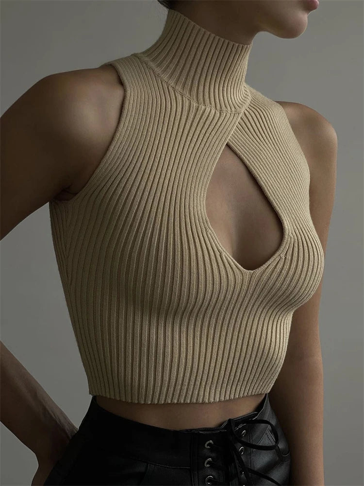 Realmefit   Spring New Women's Turtleneck Ribbed Sleeveless Tops Casual Slim Bandage Sweater Vest Crop Tank Top Knitwear Summer