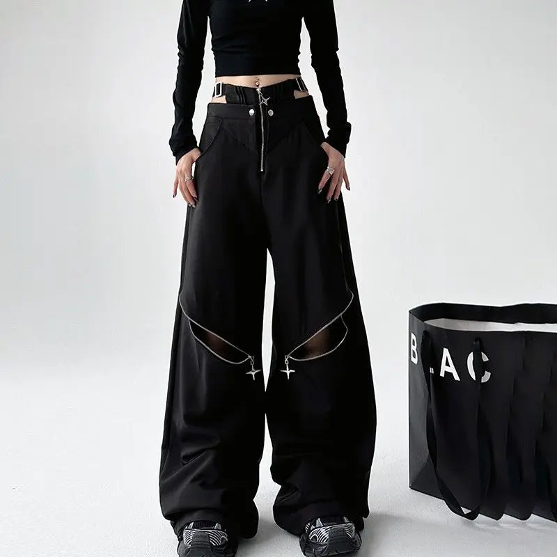 Realmefit   Oversize Cargo Pants Women Japanese Y2k Hollow Out Waist Zipper Black Trousers Gothic Harajuku Wide Leg Pants Streetwear