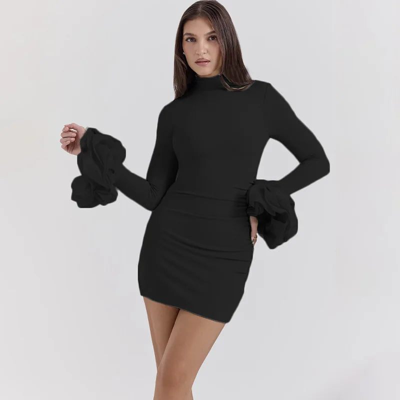 REALMEFIT  -   Fashion Bodycon Flare Sleeve Mini Dress For Women Flower Splice Turtleneck Sexy Ruched High Waist Club Party Dress Autumn