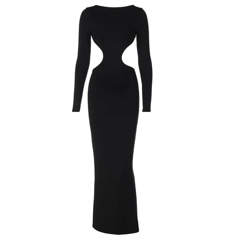 Realmefit  New Sexy Backless Hollow Long Sleeve Hip Cover Solid Color Elegant Luxury Dress Club Party Dress Vestidos