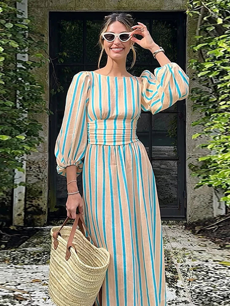 REALMEFIT  -  Summer Puff Sleeve Boho Maxi Dress Women Elegant Casual Striped backless Round Neck Loose Holiday Beach Dresses Party Vestidos