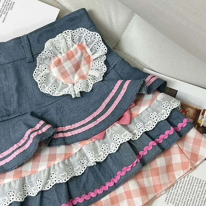 REALMEFIT  -  Kawaii Denim Skirt Women Japanese 2000s Style Y2k High Waist Bow Patchwork Cute Mini Jean Skirt Autumn Lolita Girl