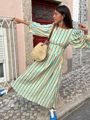 REALMEFIT  -  Summer Puff Sleeve Boho Maxi Dress Women Elegant Casual Striped backless Round Neck Loose Holiday Beach Dresses Party Vestidos