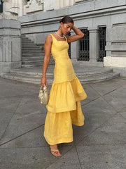 Realmefit  Yellow Linen Sequin Church Dresses For Women Elegant Classy 2024 Ruffled High Waist Sling Long Dress Female Party Vestidos