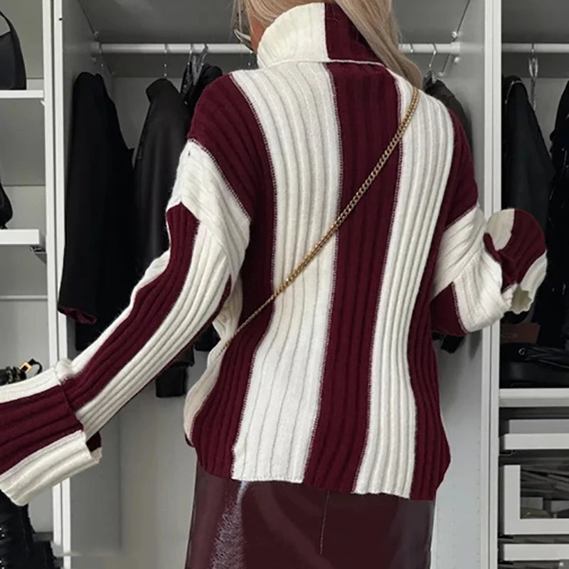 REALMEFIT  -  Lady Casual Turtleneck Long Sleeved Knitted Pullover Office Retro High Street Sweater Autumn Winter Striped Printed Slim Sweater