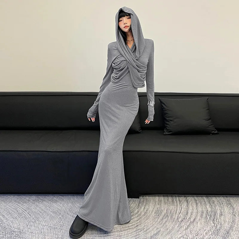 REALMEFIT  -  Cross Hooded Long Sleeve Maxi Dress 2024 Women Elegant Sexy Autumn Winter Long Dresses