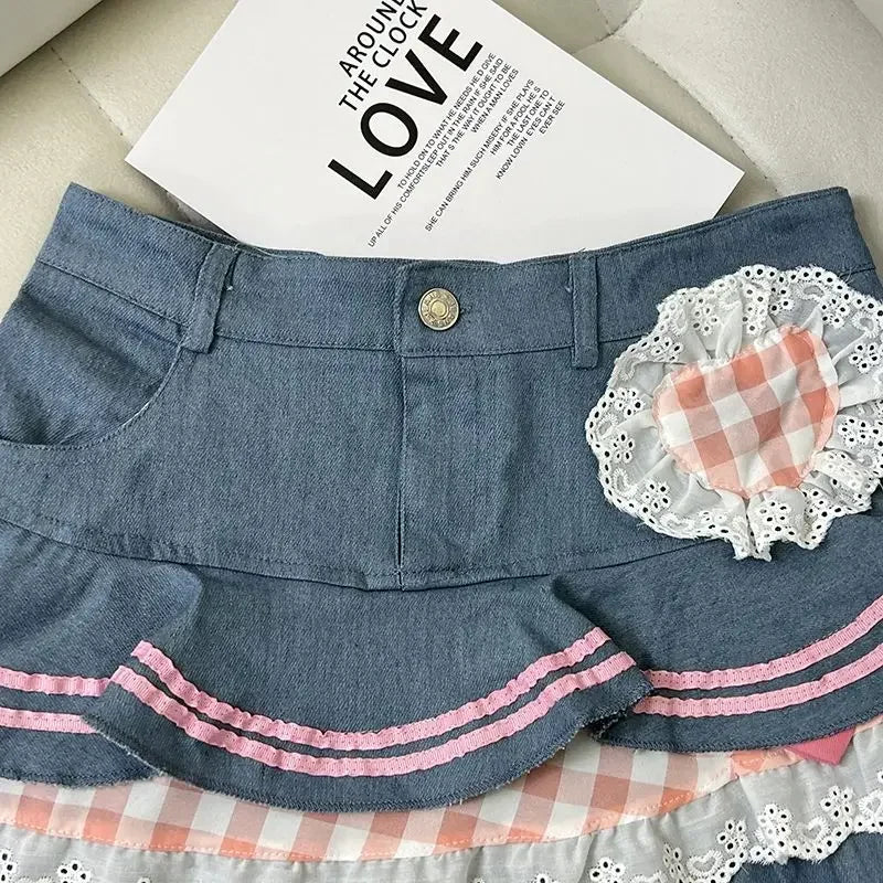 REALMEFIT  -  Kawaii Denim Skirt Women Japanese 2000s Style Y2k High Waist Bow Patchwork Cute Mini Jean Skirt Autumn Lolita Girl