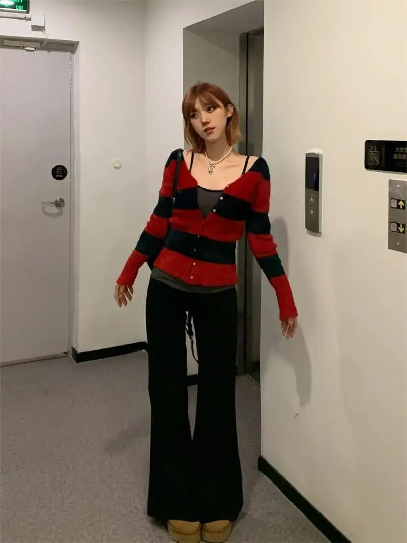 REALMEFIT  -  Y2k Harajuku Striped Cardigan Sweater Women Japanese Fashion Gothic Streetwear Long Sleeved Slim Red Cardigan Halloween