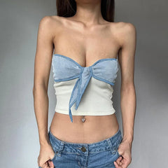 REALMEFIT  -   Bow Tie Patchwork Tube Top Coquette Y2k 2000s Clothes Soft Girl Aesthetic Backless Crop Tops