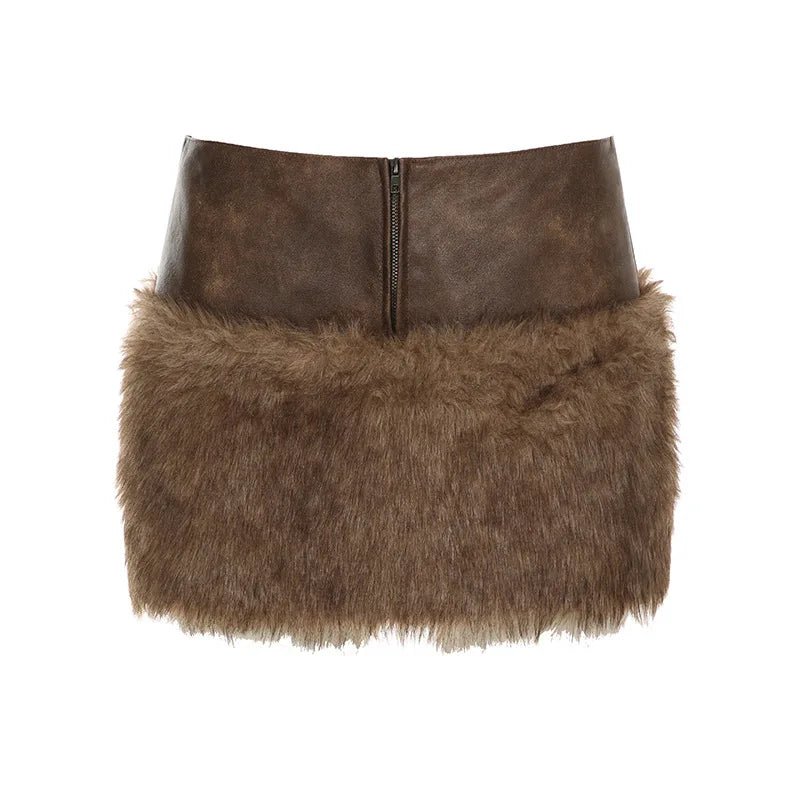 REALMEFIT  -  Brown Low Waist Mini Skirts Autumn Winter Fashion Furry Faux Fur Patchwork Faux Leather Skirt Women P67-CG16