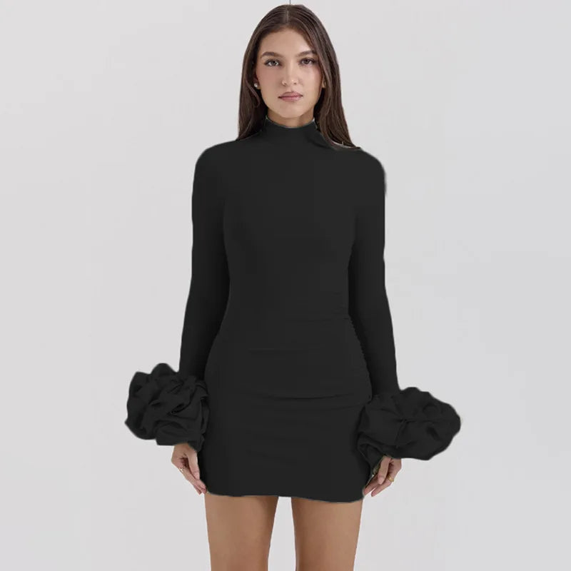 REALMEFIT  -   Fashion Bodycon Flare Sleeve Mini Dress For Women Flower Splice Turtleneck Sexy Ruched High Waist Club Party Dress Autumn