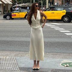 Realmefit  Summer New Pleated Skirt Suit For Women Slim Sleeveless Short Vest Top Solid Long Skirt High Waist Fashion Two Pieces Set