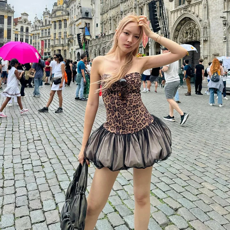 REALMEFIT  -  Leopard Print Tube Dresses 2024 Women Y2k Sexy Strapless Backless Bubble Mini Dress Club Wear Outfits P94-DZ32