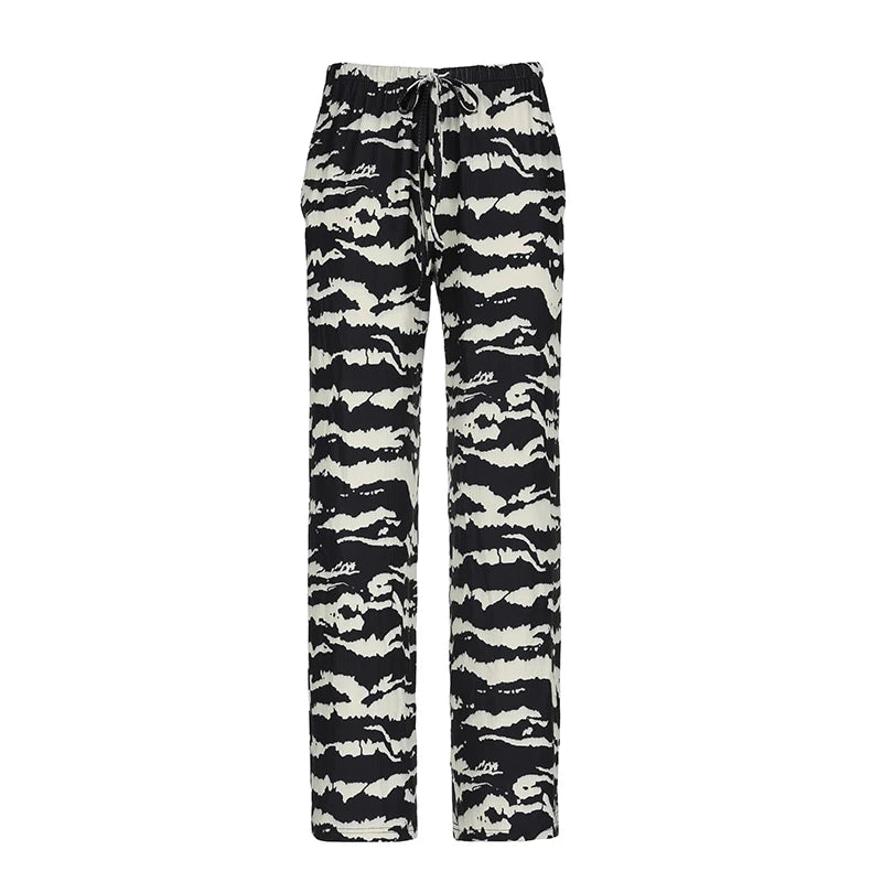 REALMEFIT  -  Zebra-striped Casual Pants Fashion Black White Contrast Color Knit Pants Loungewear Drawstring Straight Trousers Autumn