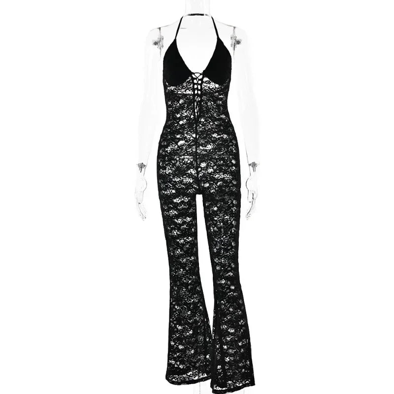 REALMEFIT  -  See Through Black Lace Jumpsuit Women Sexy Clubwear Outfits Halter Backless Flare Jumpsuits Summer Clothes C92-DB30