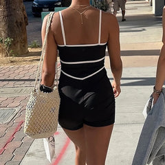 REALMEFIT  -  Contrast Color Black White Women Playsuits Spaghetti Strap Backless Casual Slim Fit Rompers Sporty Streetwear Jumpsuits