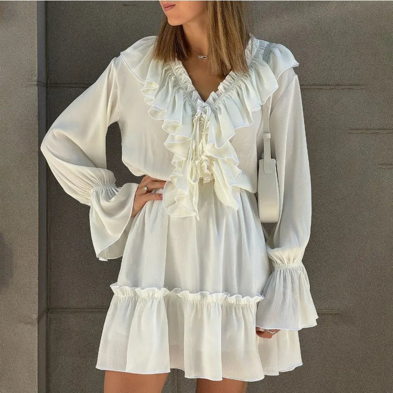 Realmefit   Deep V Neck Folds Dress Women Fashion Ruffle White Loose Long Sleeve Dresses Femme Street Casual Elegant Mini Dress Woman