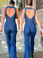 Realmefit  Backless Heart Cutout Bodycon Jumpsuit For Women Casual Sleeveless Slim One-Piece Outfits Retro Denim Jumpsuits New