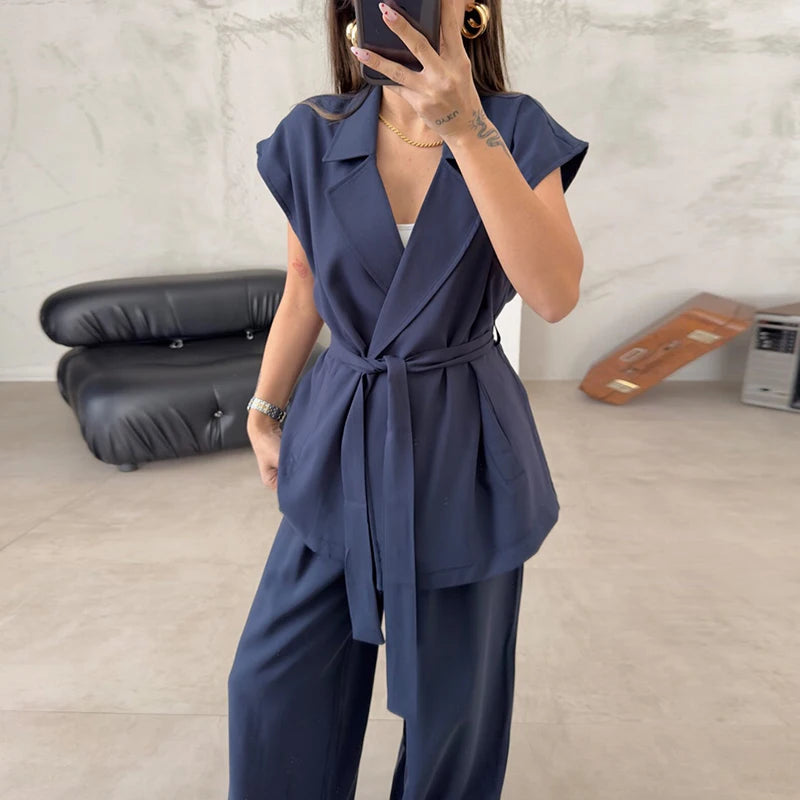 REALMEFIT  -  Lady Lapel Lace Up Vest Top + Straight Pants Set Office Elegant Solid Color High Waist Suit 2024 Summer Streetwear Loose Outfit