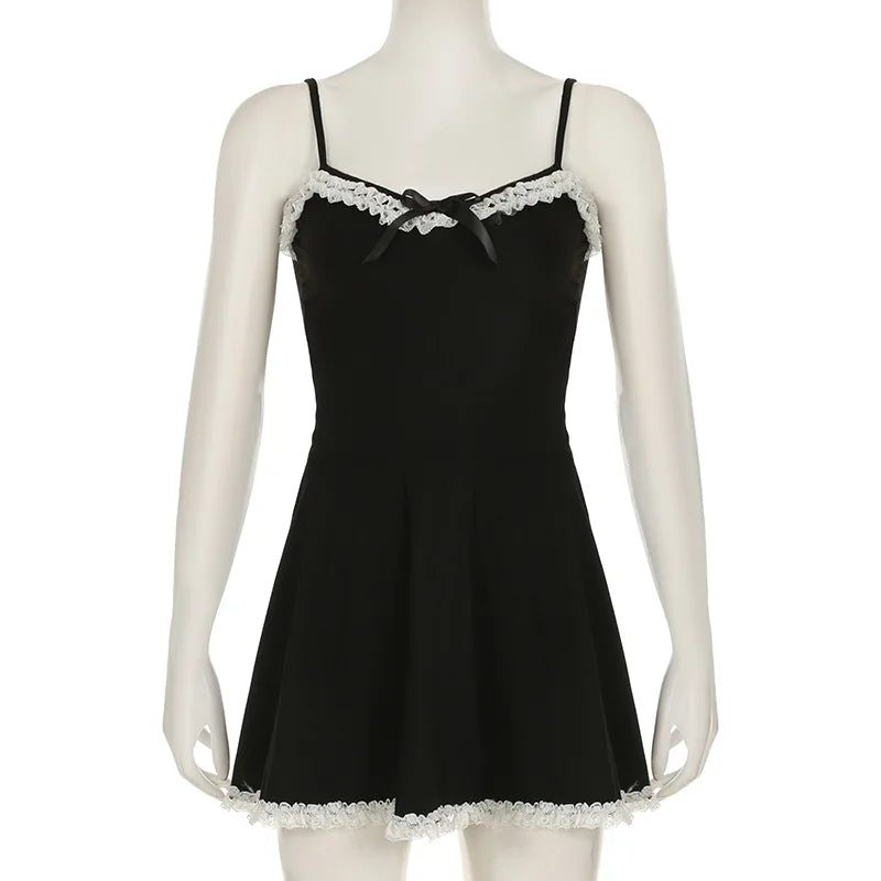 REALMEFIT  -  Bow Lace Trim Spaghetti Strap A-line Mini Dress Sexy Clothes Woman Emo Y2k Summer Black Dresses P77-BI16