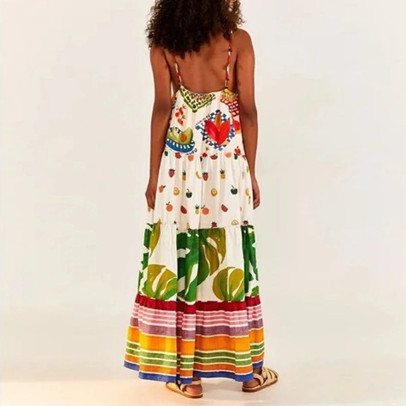 REALMEFIT  -  Indie Graphic Print V Neck Ruffles A-line Dresses Women Summer Beach Holiday Backless Maxi Long Dress Chic Fashion Streetwear