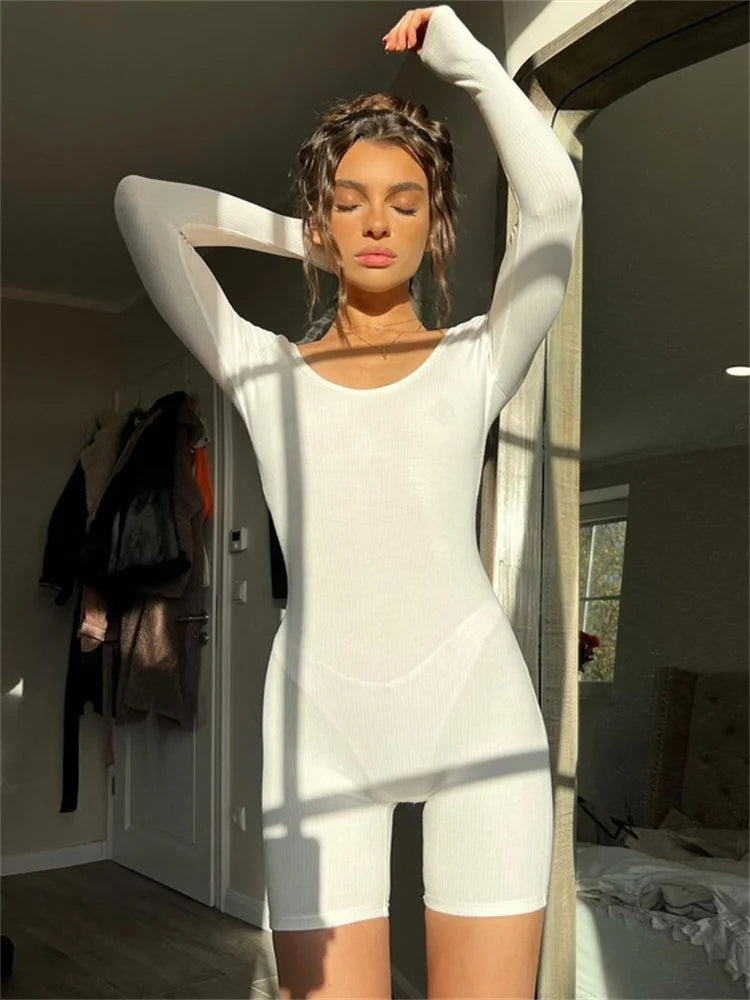 Realmefit   Hot Slim Solid White Rompers For Women Casual Skinny Short Jumpsuit Fitness Streetwear Backless Ribbed Playsuit Tracksuit