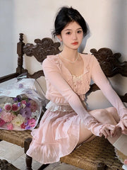 Realmefit  Sweet Blouses Sets Women All-match Chiffon Sunscreen Cardigan+Lace Tank+Mini Pleated Skirts 3 Pieces Suits Streetwear Korean Set