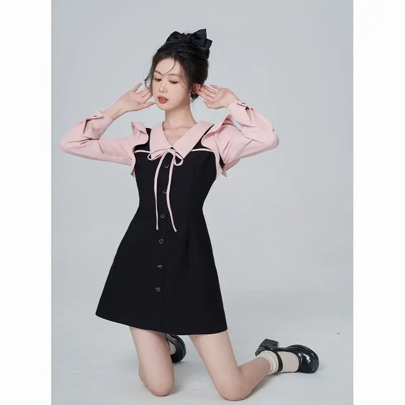 Realmefit Elegant Women Dress New Casual Vintage Office Ladies Korean Fashion Long Sleeve Preppy Style Kawaii Girl College Dresses