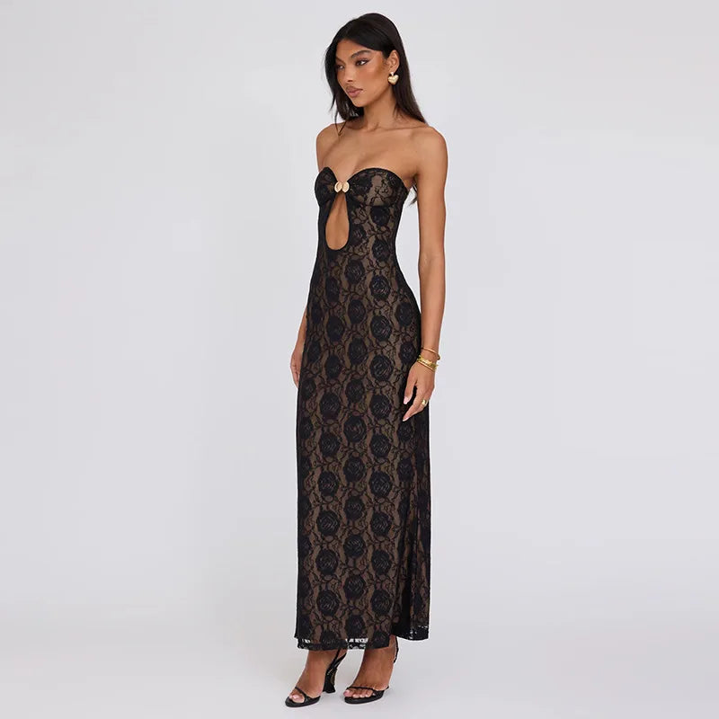 REALMEFIT  -  Hollow Out Lace Sexy Maxi Dresses For Women Off-shoulder Strapless Outfits Backless Bodycon Y2K Sexy Party Long Dress