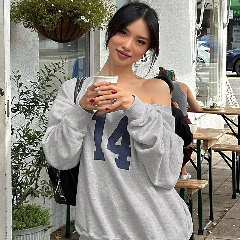 REALMEFIT  -  Fashion Number Print Baggy Thin Hoodies One Shoulder Long Sleeve Tees Casual Loose Pullovers Women Clothing Fall 2024