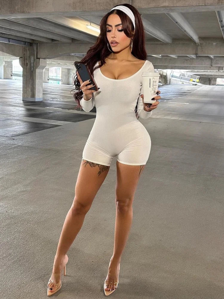 Realmefit   Hot Slim Solid White Rompers For Women Casual Skinny Short Jumpsuit Fitness Streetwear Backless Ribbed Playsuit Tracksuit