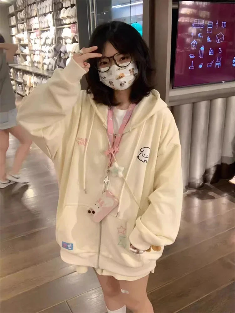 Realmefit   Japanese Y2K Kawaii Pink Zip Up Hoodie Women Harajuku Sweet Cute Beige Sweatshirts Korean Style Girly Hooded Jackets