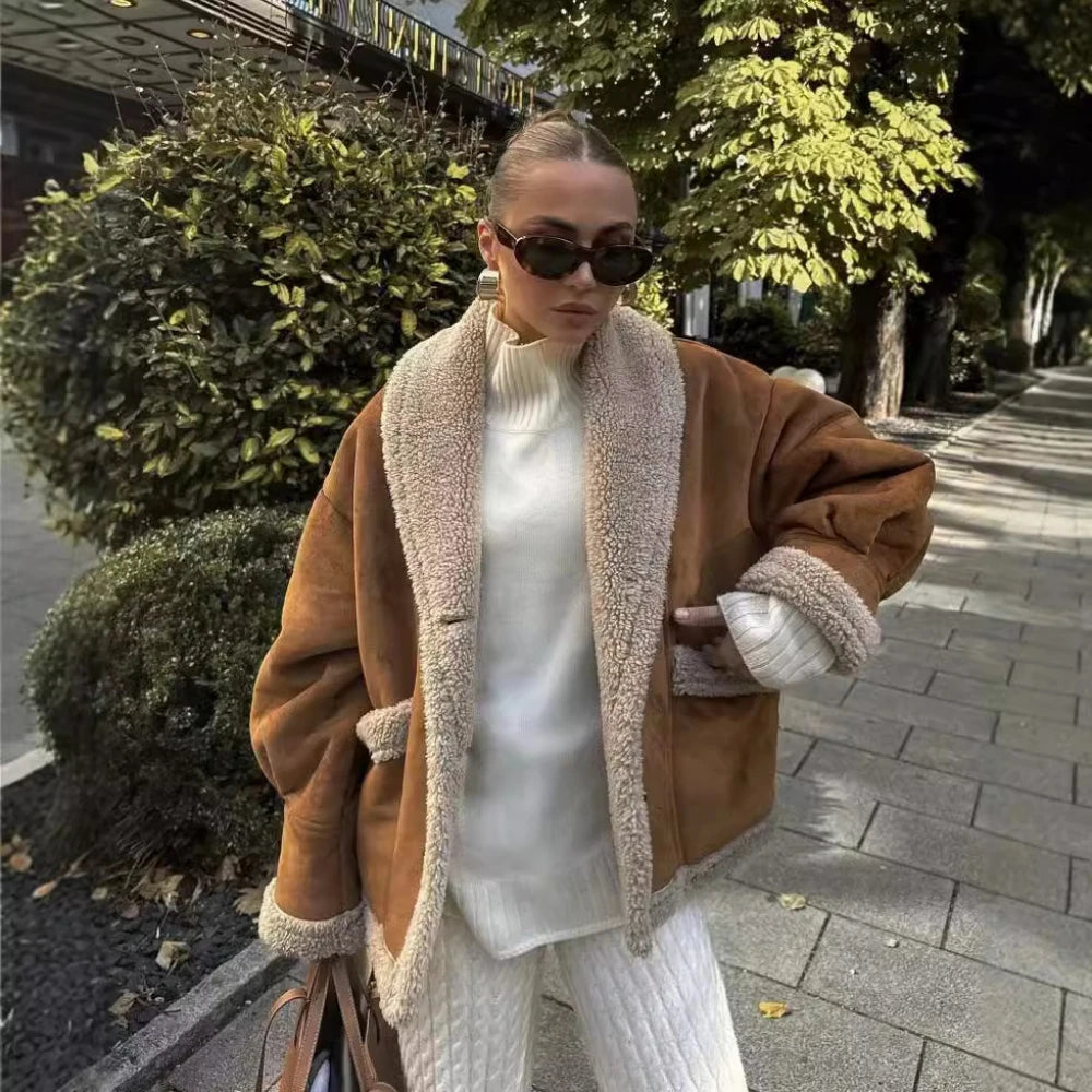 REALMEFIT  -  Autumn and Winter Warm Cotton Jacket Coat 2024 Loose Brown Faux Fur Suede Jacket Casual Oversize Coats Jacket Women