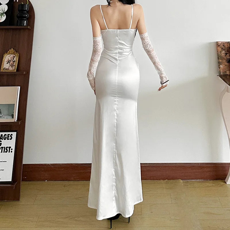 REALMEFIT  -  Lace Satin White Party Dresses Women 2024 Elegant Sexy V Neck Backless Maxi Dress with Gloves