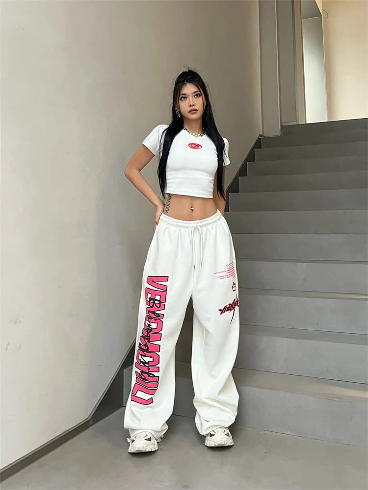 Realmefit   Korean Y2K White Sweatpants Women Streetwear Kpop Letter Print Sports Pants Oversized Hip Hop Wide Leg Jogging Trousers