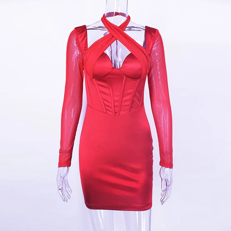 Realmefit  Long Sleeve Bodycon Dress Sexy Birthday Evening Night Party Dresses Mesh Cross Mini Dresses Women  Summer