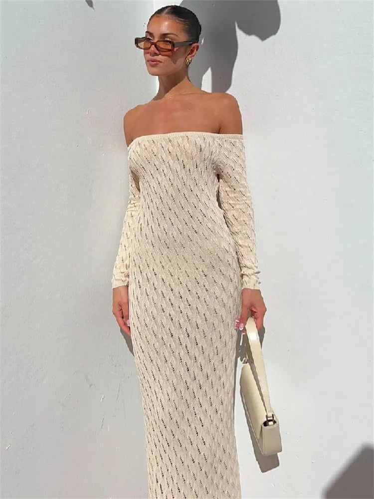 Realmefit   Knit Off-Shoulder Slim Maxi Dress For Women Patchwork Fashion Long Sleeve Hollow Out Knitwear Dress Summer Party Dress New