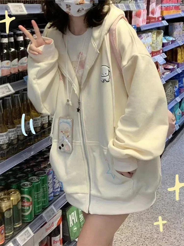 Realmefit   Japanese Y2K Kawaii Pink Zip Up Hoodie Women Harajuku Sweet Cute Beige Sweatshirts Korean Style Girly Hooded Jackets