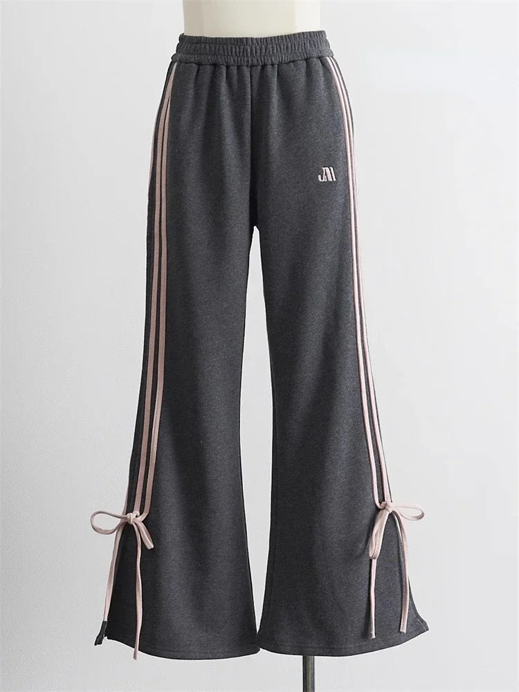 Realmefit  Y2K Fairycore Bow Sweatpants Women Korean Fashion Ribbon Gray Jogger Pants Harajuku Sweet Girly Striped Flare Trousers