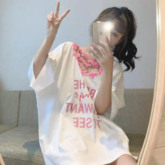 Realmefit Free Shipping Flower Hollow Out T-shirts Loose Regular Fashion Basic Printed Letter College Wind Summer  New Women Top