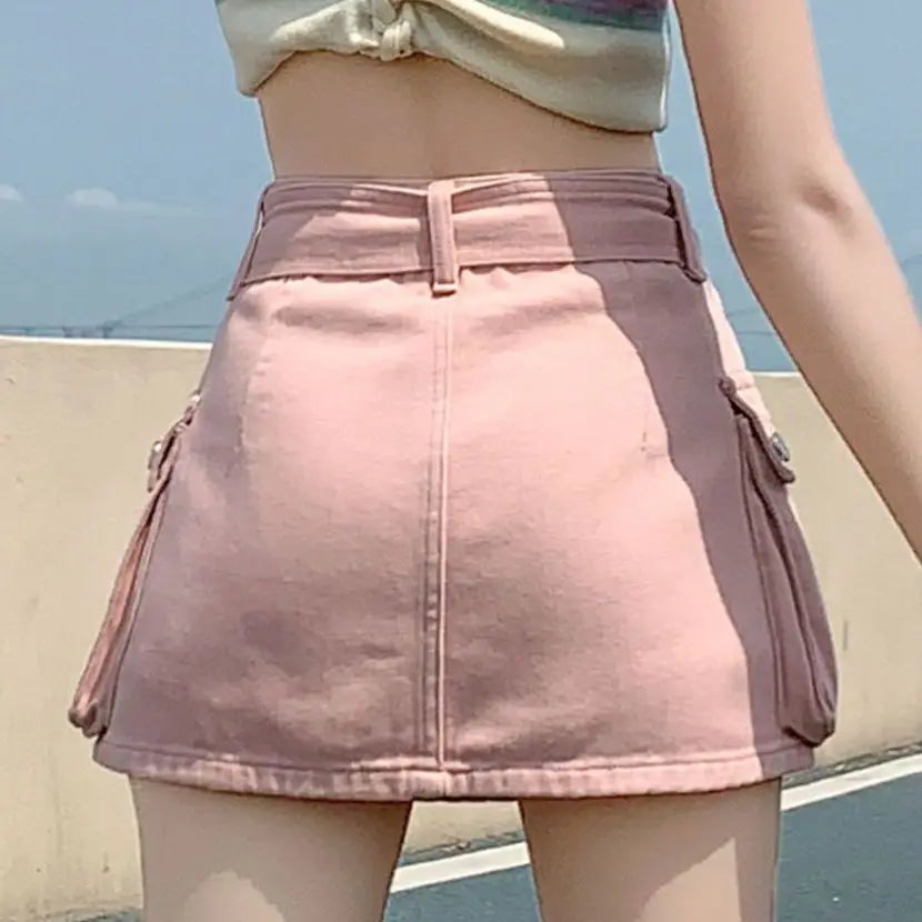 Realmefit Fashion A- Line Cargo Pocket Design Denim Skirt Women's Anti-Exposure Sheath Skirt High Waist Slimming Streetwear Pink Skirts