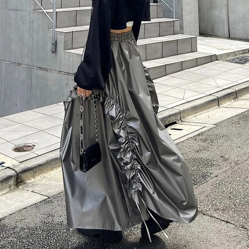 REALMEFIT  -  Retro Drawstring Fungus Long Umbrella Skirt For Women Autumn New Loose Patchwork Solid Glossy High Waist Skirts Female