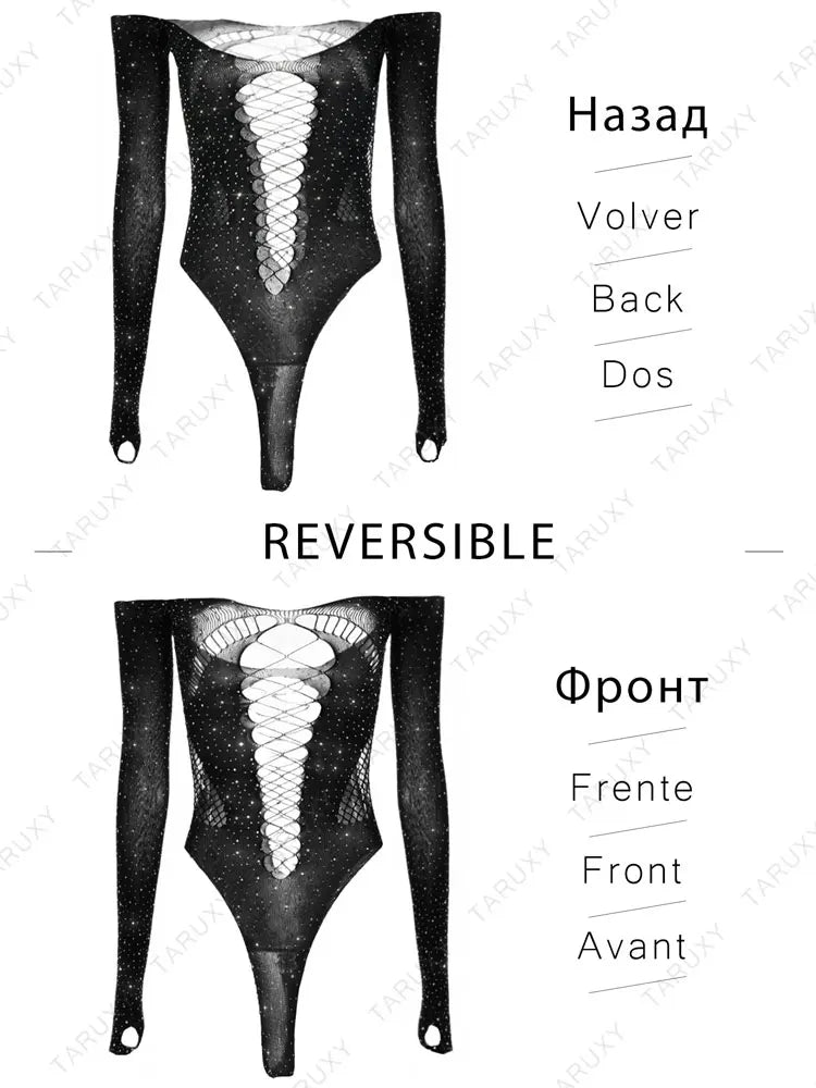 Realmefit  Crystal Mesh Sexy Bodysuit Lingerie Black See Through Backless Hollow Out Bodysuit Nightclub Party Hot Workwear Playsuit