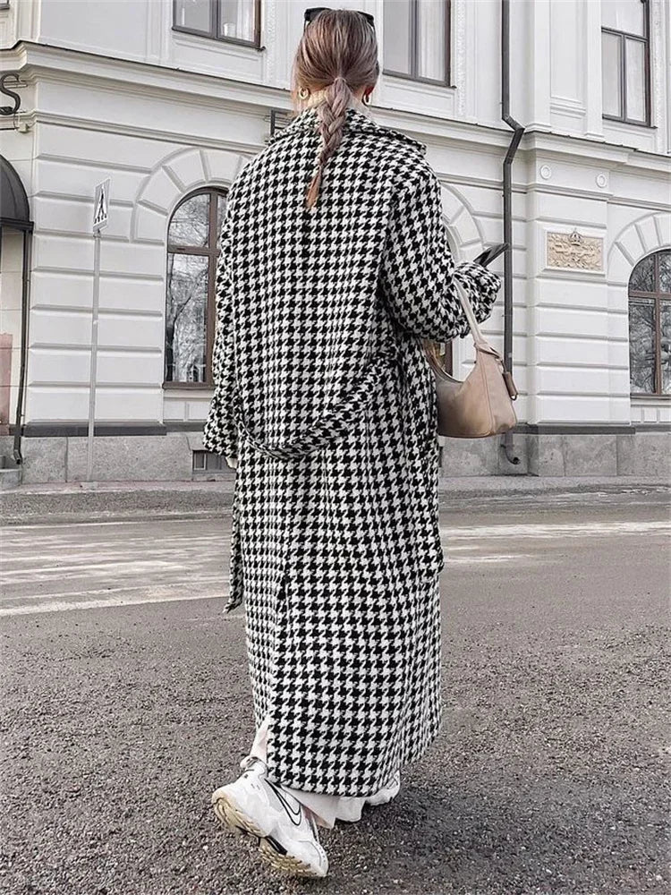 Realmefit  Houndstooth Trench Coat For Women Autumn Fashion Slim Long Coats Women's Winter Street Temperament Clothes Woman New